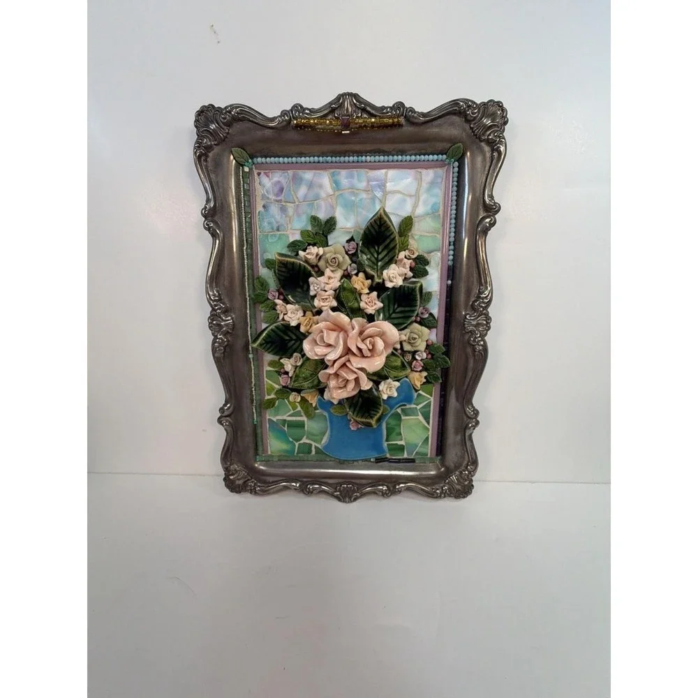 Ruth Tulino Signed 2001 Silver Plated Tray Framed 3D Porcelain Ceramic Flower Mo